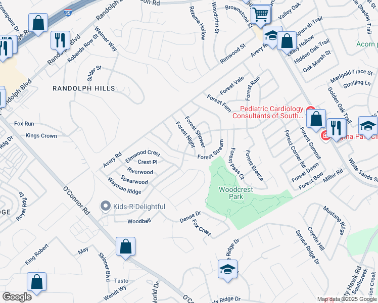map of restaurants, bars, coffee shops, grocery stores, and more near 7504 Forest Stream in Live Oak