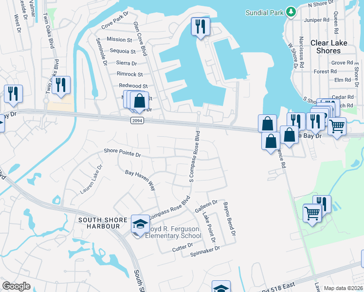 map of restaurants, bars, coffee shops, grocery stores, and more near 2203 Palm Lagoon Drive in League City