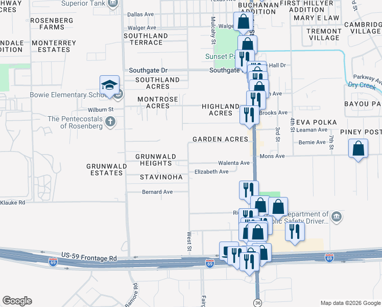 map of restaurants, bars, coffee shops, grocery stores, and more near 1305 Walenta Avenue in Rosenberg