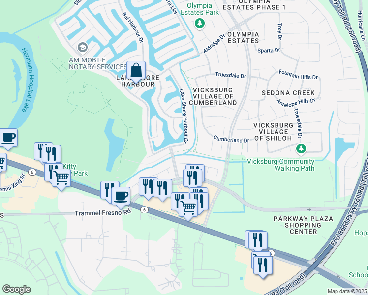 map of restaurants, bars, coffee shops, grocery stores, and more near 3123 Lake Shore Harbour Drive in Missouri City