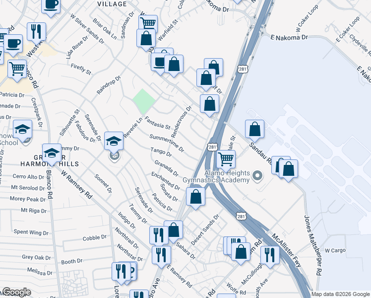 map of restaurants, bars, coffee shops, grocery stores, and more near 119 Summertime Drive in San Antonio