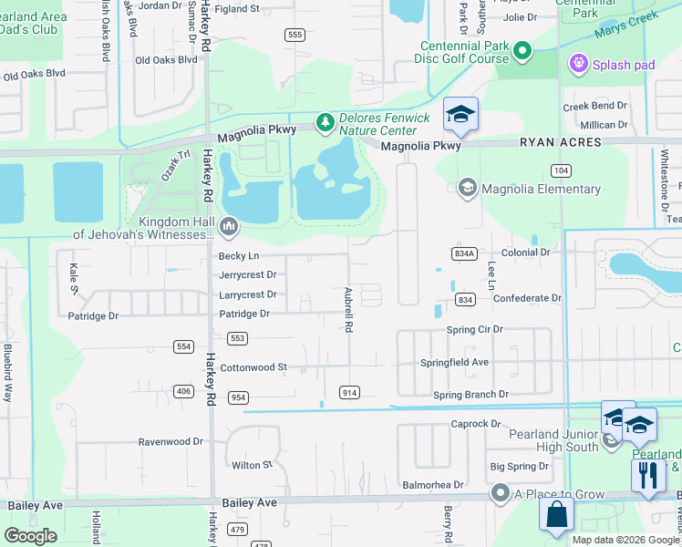 map of restaurants, bars, coffee shops, grocery stores, and more near 3626 Aubrell Road in Pearland