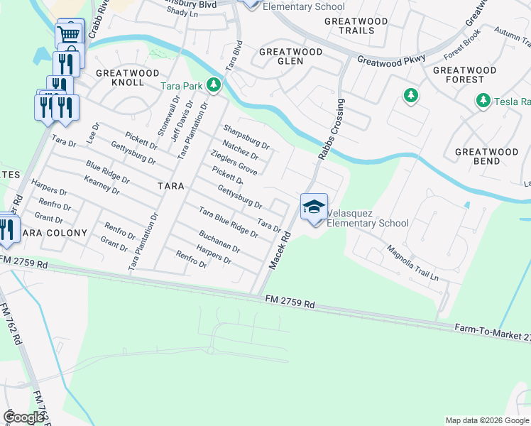 map of restaurants, bars, coffee shops, grocery stores, and more near 7303 Tara Drive in Richmond