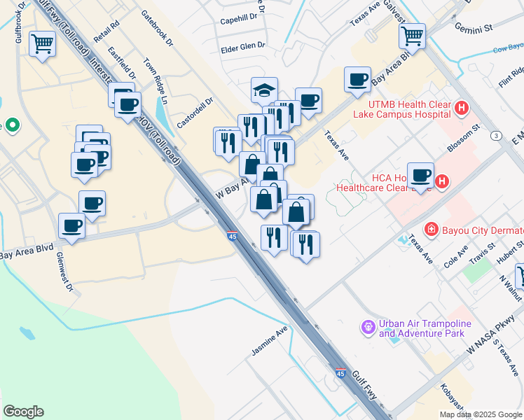 map of restaurants, bars, coffee shops, grocery stores, and more near 1001 W Bay Area Blvd in Webster