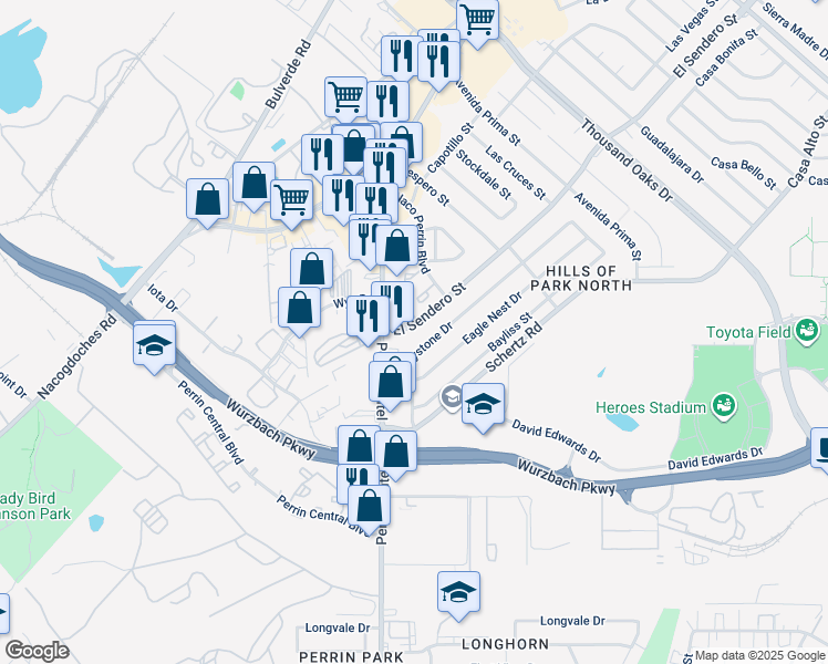 map of restaurants, bars, coffee shops, grocery stores, and more near 10930 Perrin Beitel Road in San Antonio