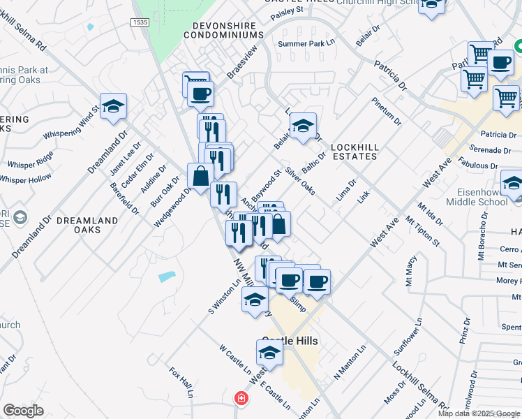 map of restaurants, bars, coffee shops, grocery stores, and more near 10819 Baltic Drive in San Antonio
