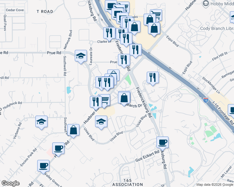 map of restaurants, bars, coffee shops, grocery stores, and more near 10422 Huebner Road in San Antonio