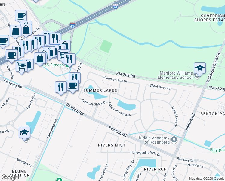 map of restaurants, bars, coffee shops, grocery stores, and more near 7814 Summer Night Lane in Rosenberg