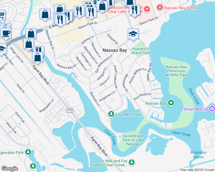 map of restaurants, bars, coffee shops, grocery stores, and more near 1423 Pirates Cove in Houston