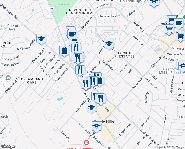 map of restaurants, bars, coffee shops, grocery stores, and more near 10819 Baltic Drive in San Antonio
