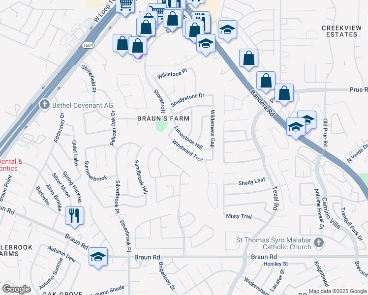 map of restaurants, bars, coffee shops, grocery stores, and more near 9202 Windward Trce in San Antonio