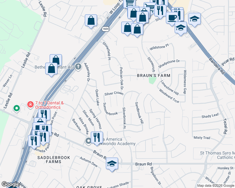 map of restaurants, bars, coffee shops, grocery stores, and more near 10138 Silverwagon in San Antonio