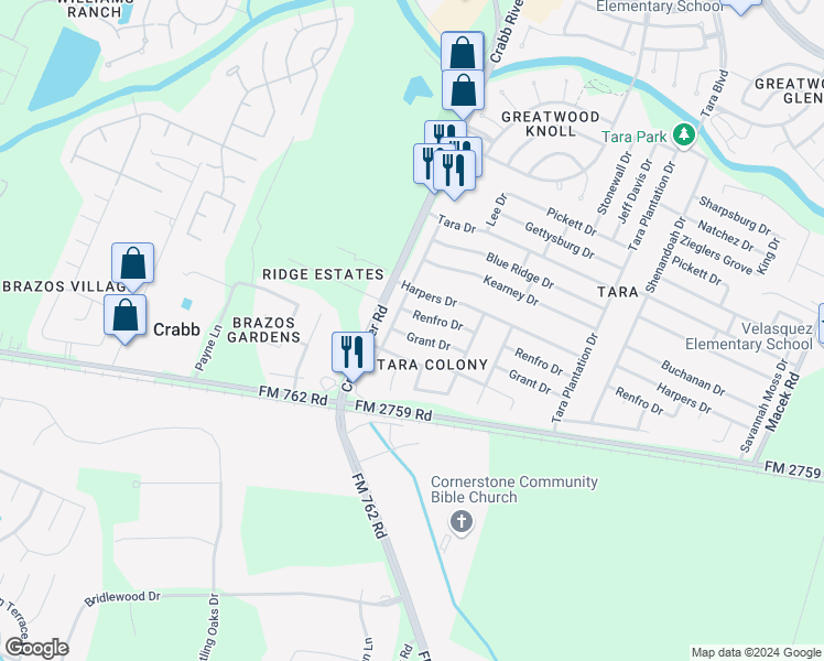 map of restaurants, bars, coffee shops, grocery stores, and more near 6615 Grant Drive in Richmond
