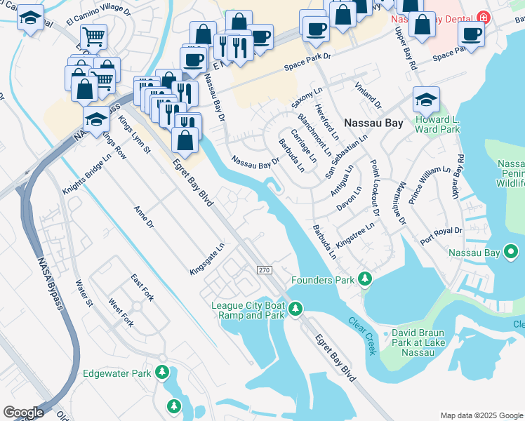 map of restaurants, bars, coffee shops, grocery stores, and more near 18617 South Egret Bay Boulevard in Houston