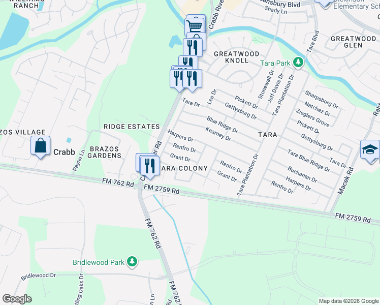 map of restaurants, bars, coffee shops, grocery stores, and more near 6710 Grant Drive in Richmond