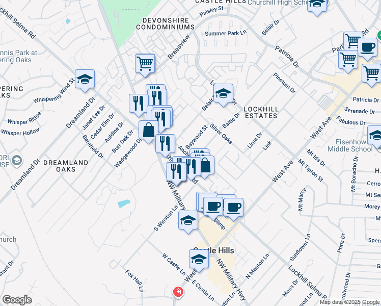 map of restaurants, bars, coffee shops, grocery stores, and more near 2015 Anchor Drive in San Antonio