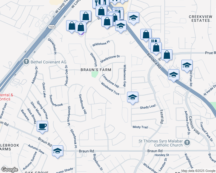 map of restaurants, bars, coffee shops, grocery stores, and more near 9202 Windward Trce in San Antonio