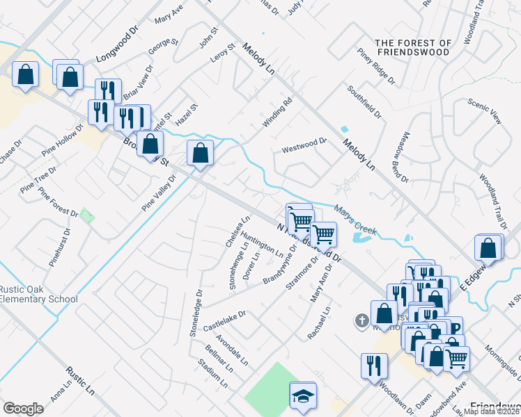 map of restaurants, bars, coffee shops, grocery stores, and more near 111 Dunbar Estates Drive in Friendswood