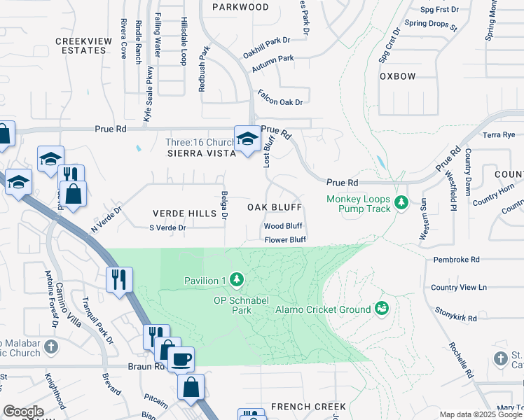 map of restaurants, bars, coffee shops, grocery stores, and more near 10223 Arbor Bluff in San Antonio