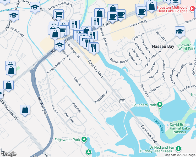 map of restaurants, bars, coffee shops, grocery stores, and more near 18510 Kings Lynn Street in Houston