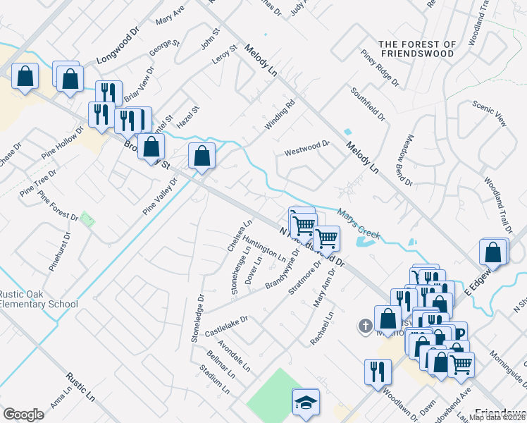 map of restaurants, bars, coffee shops, grocery stores, and more near 111 Dunbar Estates Drive in Friendswood