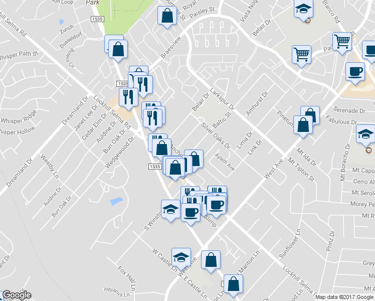 map of restaurants, bars, coffee shops, grocery stores, and more near 10819 Baltic Drive in San Antonio