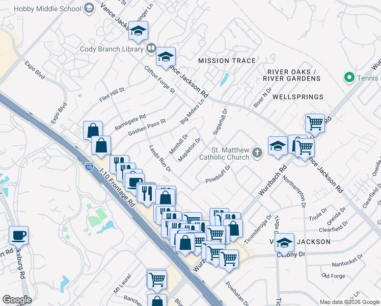 map of restaurants, bars, coffee shops, grocery stores, and more near 3631 Sugar Hill Drive in San Antonio