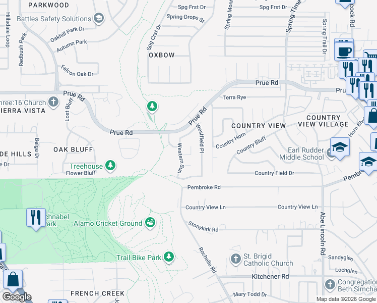 map of restaurants, bars, coffee shops, grocery stores, and more near 10331 Western Sun in San Antonio