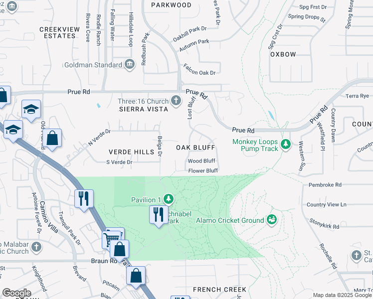 map of restaurants, bars, coffee shops, grocery stores, and more near 10223 Arbor Bluff in San Antonio