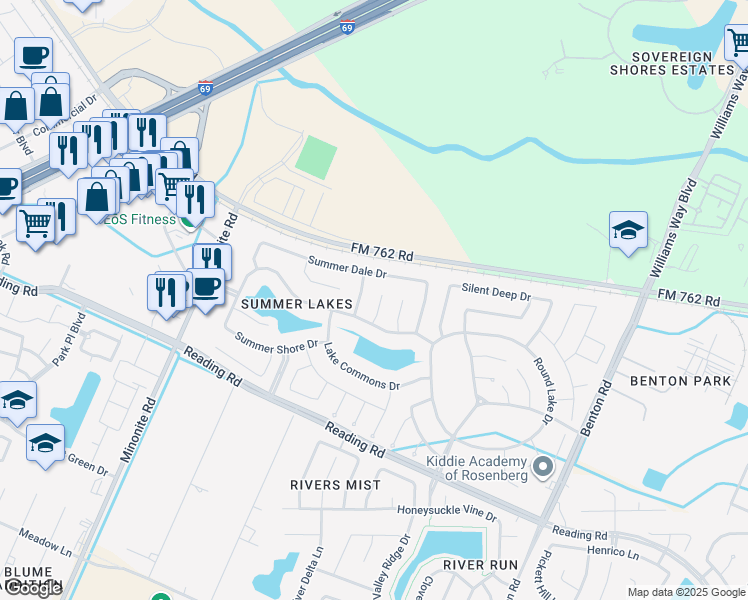 map of restaurants, bars, coffee shops, grocery stores, and more near 215 Summer Gate Court in Rosenberg