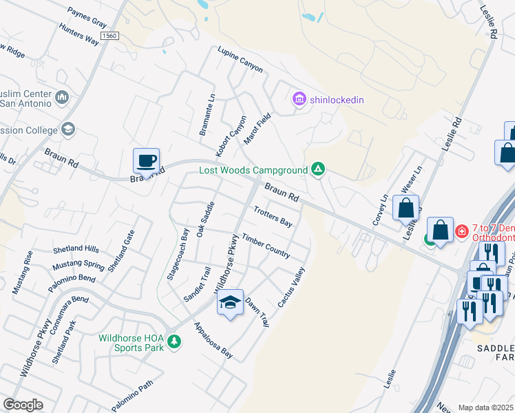 map of restaurants, bars, coffee shops, grocery stores, and more near 10406 Trotters Bay in San Antonio