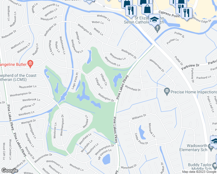 map of restaurants, bars, coffee shops, grocery stores, and more near 51 Village Circle in Palm Coast