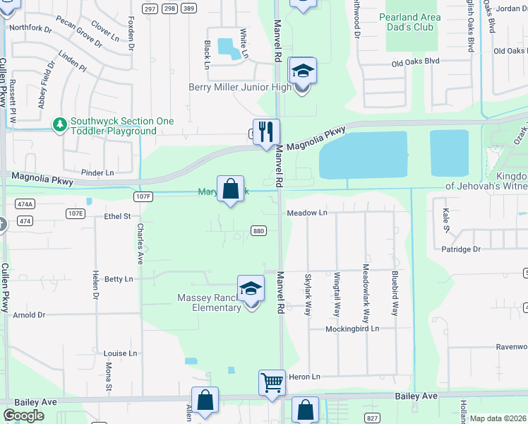 map of restaurants, bars, coffee shops, grocery stores, and more near 3638 Manvel Road in Pearland