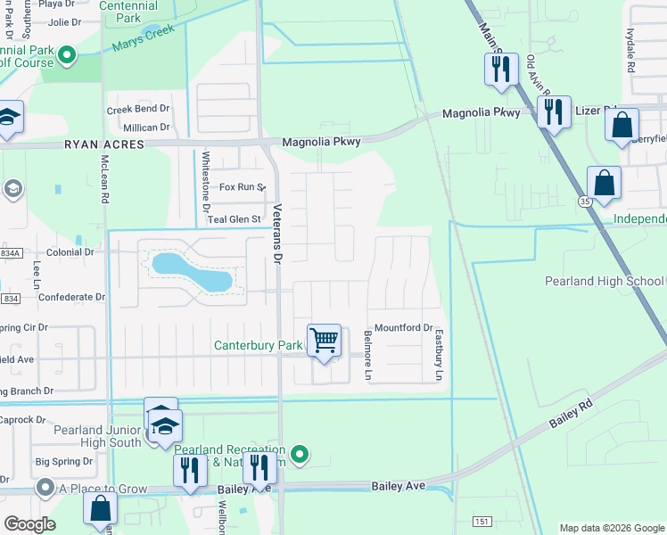 map of restaurants, bars, coffee shops, grocery stores, and more near 3602 Harewood Court in Pearland