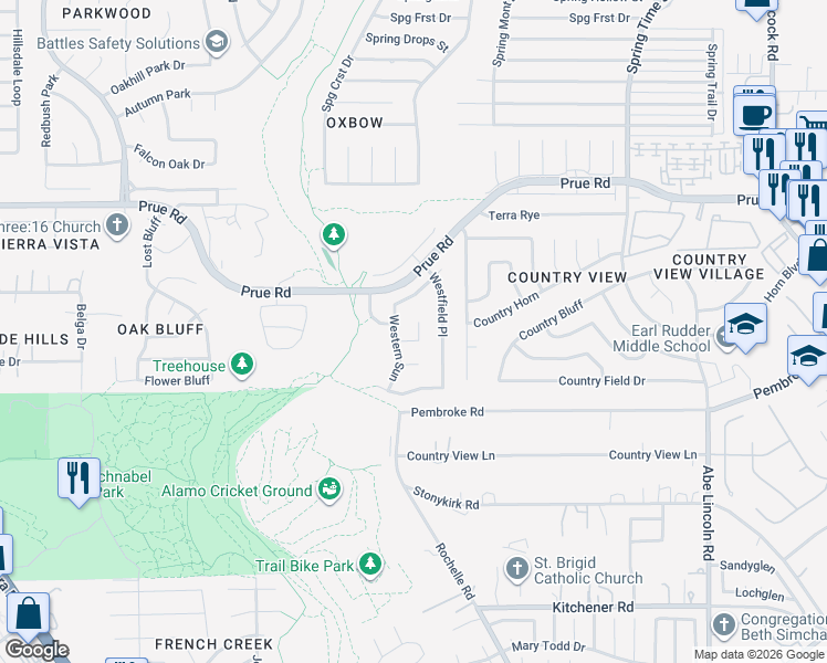 map of restaurants, bars, coffee shops, grocery stores, and more near 10331 Western Sun in San Antonio
