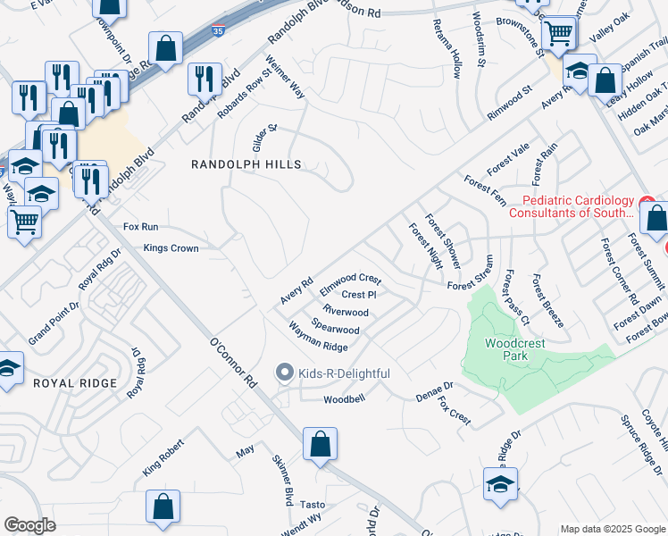 map of restaurants, bars, coffee shops, grocery stores, and more near 6810 Elmwood Crest in Live Oak
