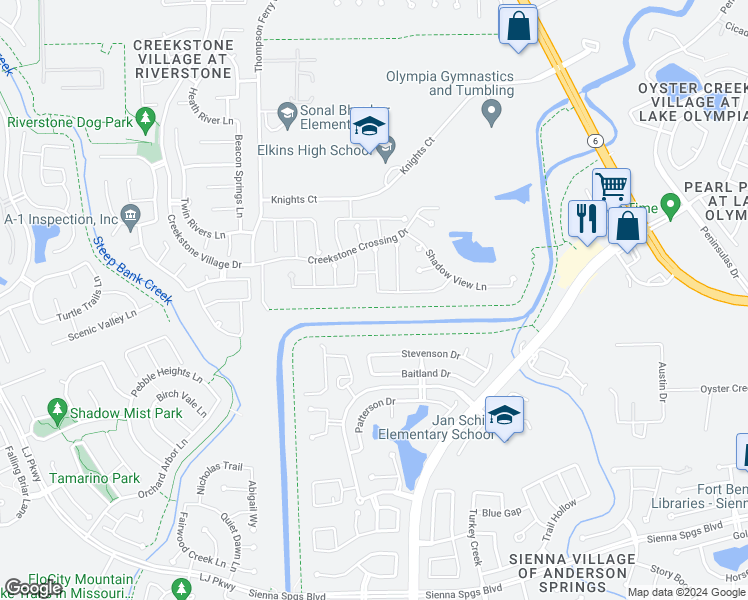 map of restaurants, bars, coffee shops, grocery stores, and more near 3435 Chandler Hollow Lane in Missouri City