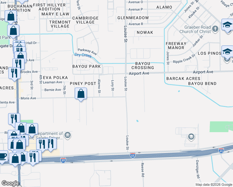 map of restaurants, bars, coffee shops, grocery stores, and more near 2627 Lory Street in Rosenberg