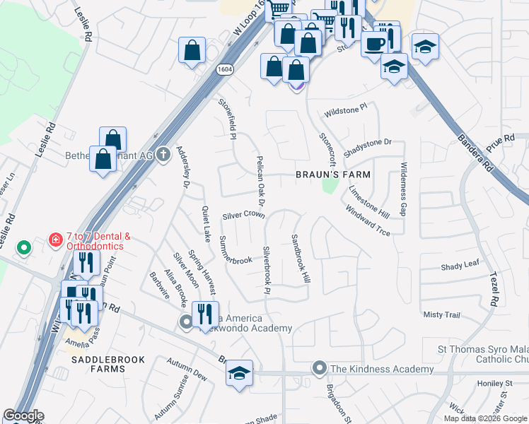 map of restaurants, bars, coffee shops, grocery stores, and more near 9507 Silver Crown in San Antonio