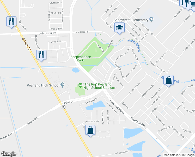 map of restaurants, bars, coffee shops, grocery stores, and more near 2912 Birch Bough Street in Pearland