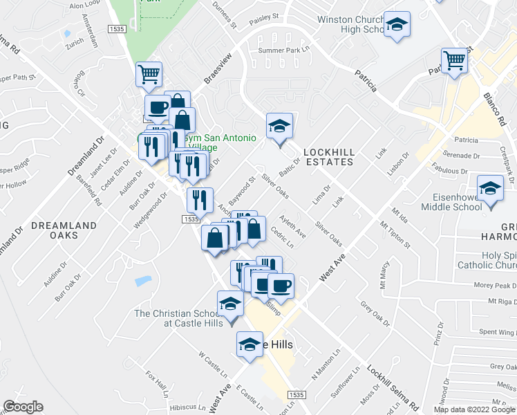map of restaurants, bars, coffee shops, grocery stores, and more near 11010 Baltic Street in San Antonio