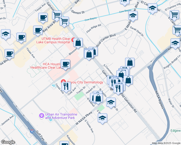 map of restaurants, bars, coffee shops, grocery stores, and more near 17490 Texas 3 in Webster