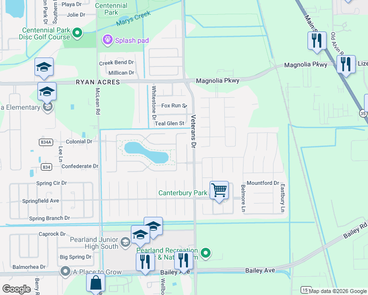 map of restaurants, bars, coffee shops, grocery stores, and more near 3501 Sebago Drive in Pearland