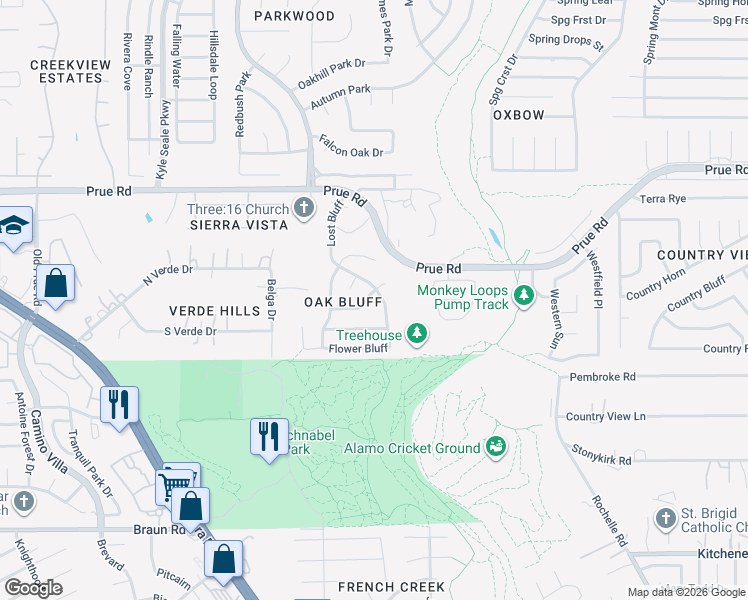 map of restaurants, bars, coffee shops, grocery stores, and more near 7611 Mountain Bluff in San Antonio