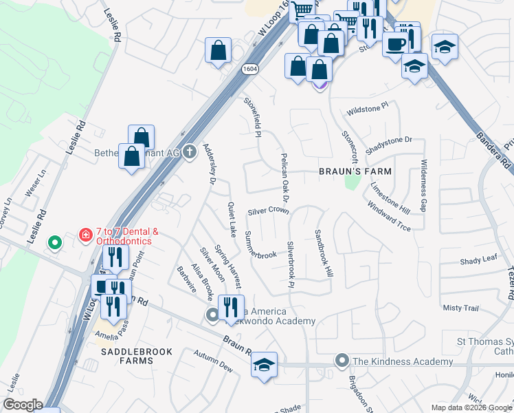 map of restaurants, bars, coffee shops, grocery stores, and more near 9622 Elmstone Drive in San Antonio