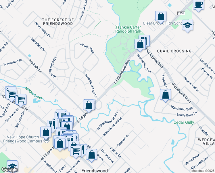 map of restaurants, bars, coffee shops, grocery stores, and more near 108 Cherry Tree Lane in Friendswood