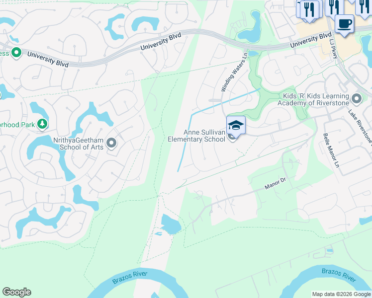 map of restaurants, bars, coffee shops, grocery stores, and more near 5310 Lockwood Bend Lane in Sugar Land