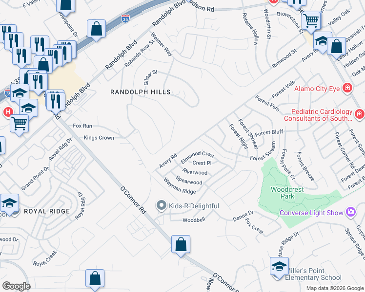 map of restaurants, bars, coffee shops, grocery stores, and more near 6639 Kings Crown East in San Antonio