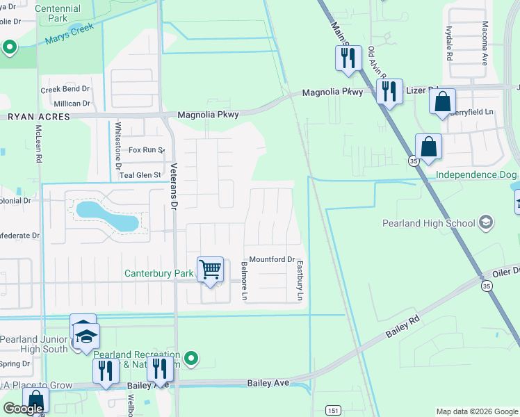 map of restaurants, bars, coffee shops, grocery stores, and more near 3509 Belmore Lane in Pearland