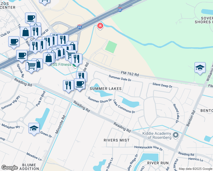 map of restaurants, bars, coffee shops, grocery stores, and more near 7619 Summer Night Lane in Rosenberg